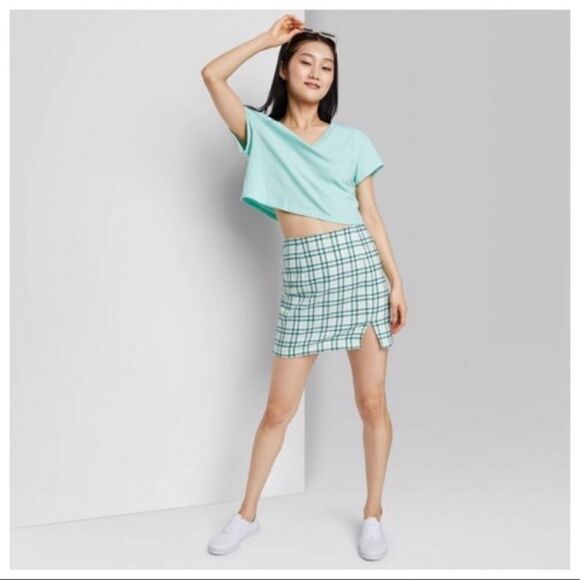 Wild Fable Green Plaid Front Slit Short Mini A-Line Skirt Size 12 - Picture 1 of 11